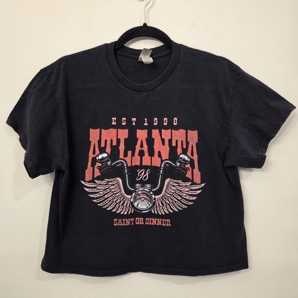 Est 1998 Atlanta Saint or Sinner motorcycle graphic Cropped tee Size M GILDAN